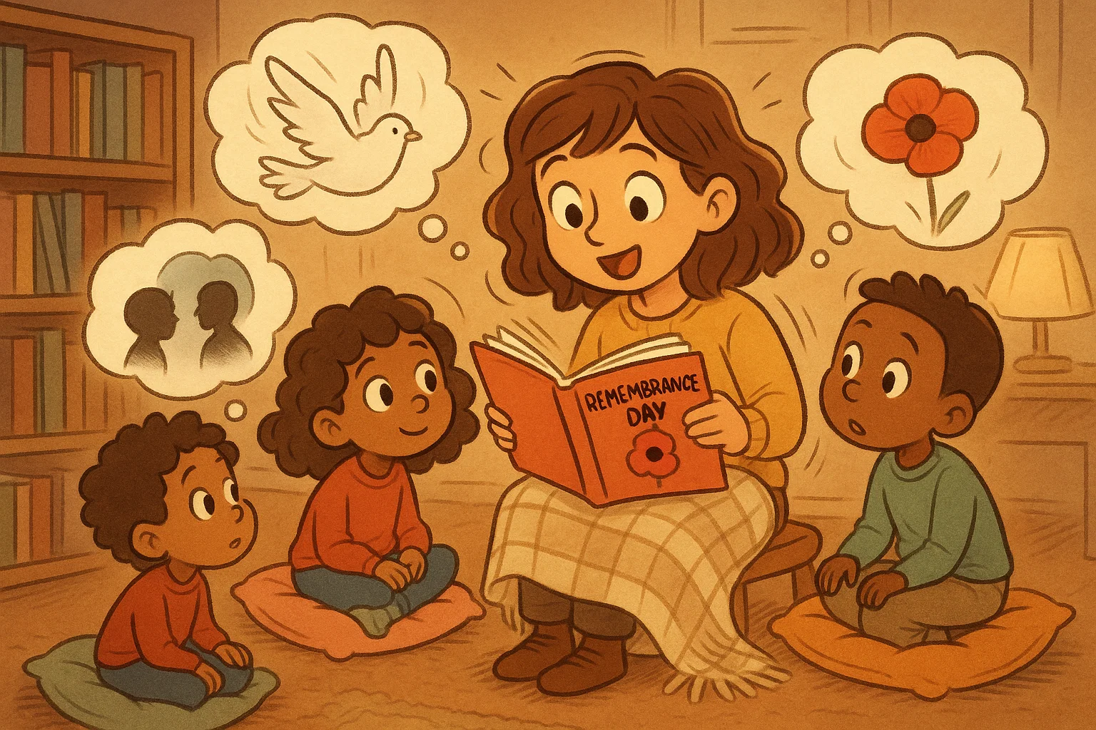  Kids exploring the meaning of Remembrance Day near a poppy memorial with a teacher.