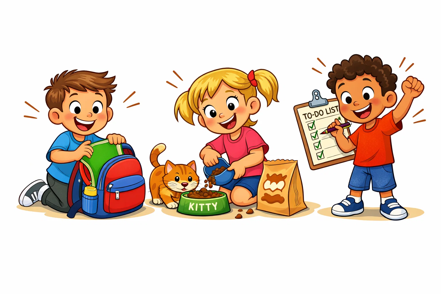 Responsibility and independence activities for kids completing tasks on their own.