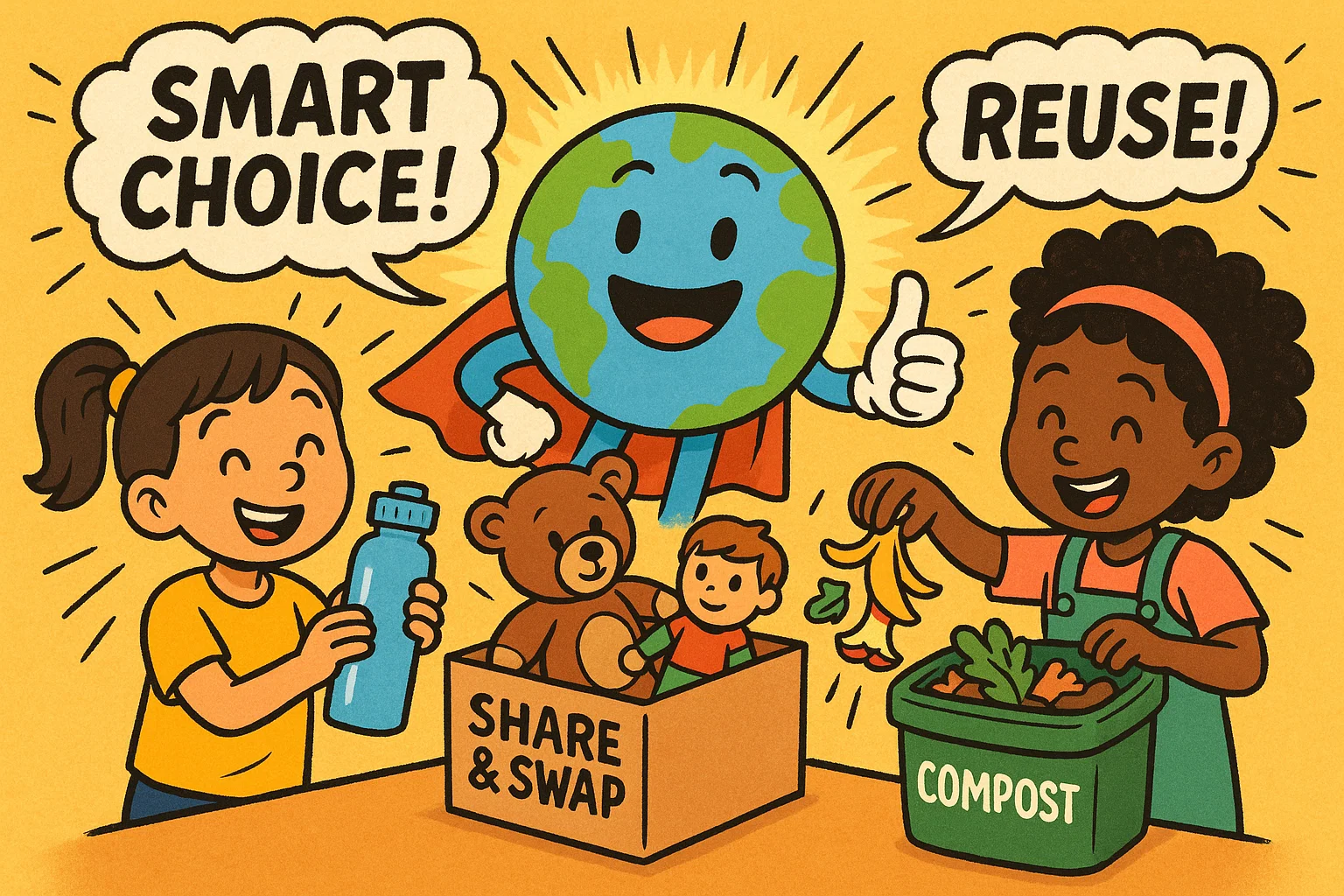  Responsible consumption habits early years cartoon with kids choosing eco friendly actions.
