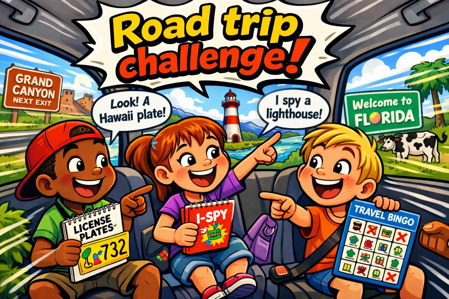 Road trip activities for kids playing games and spotting signs from the car.
