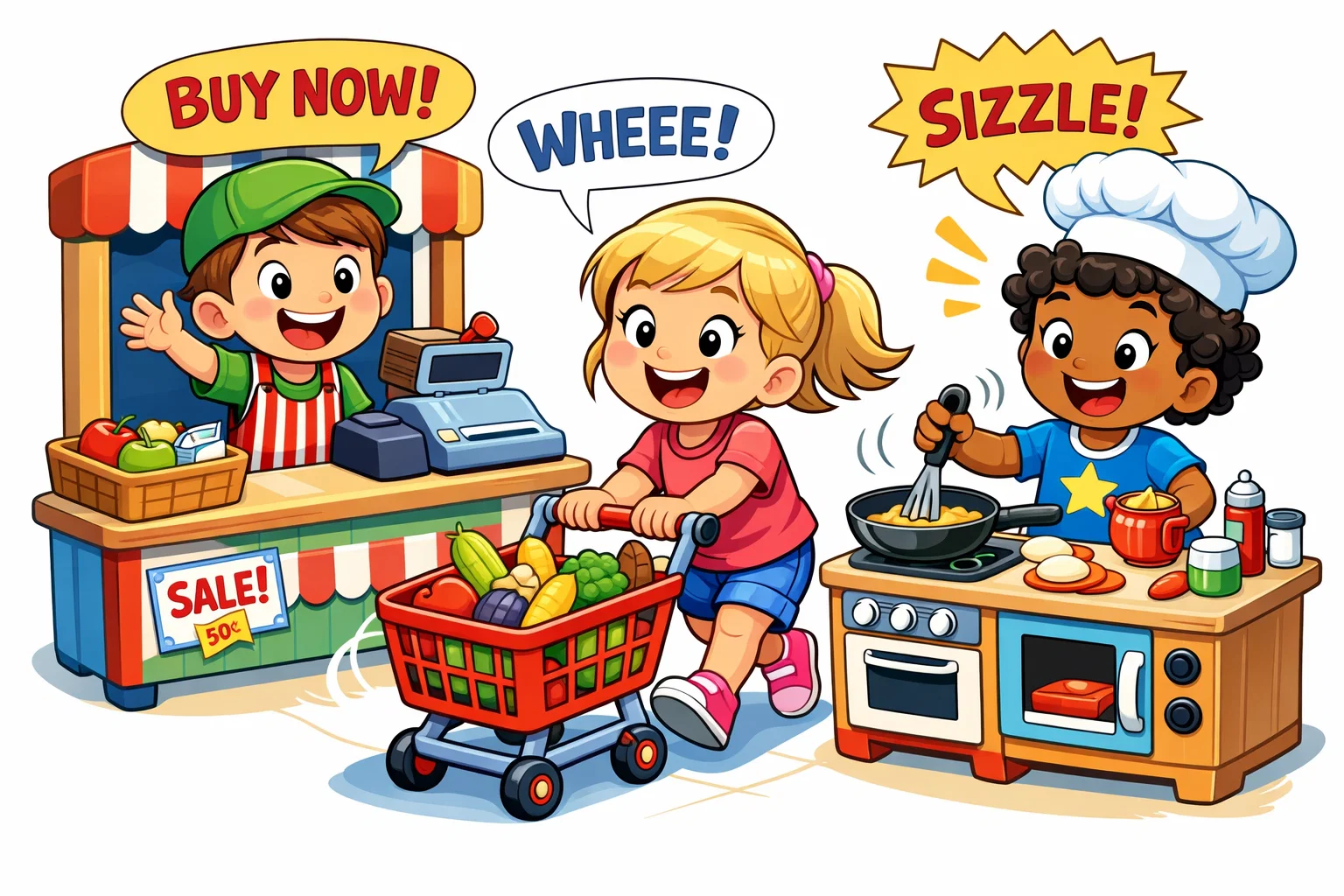Role play healthy eating activities with kids shopping and cooking healthy food.
