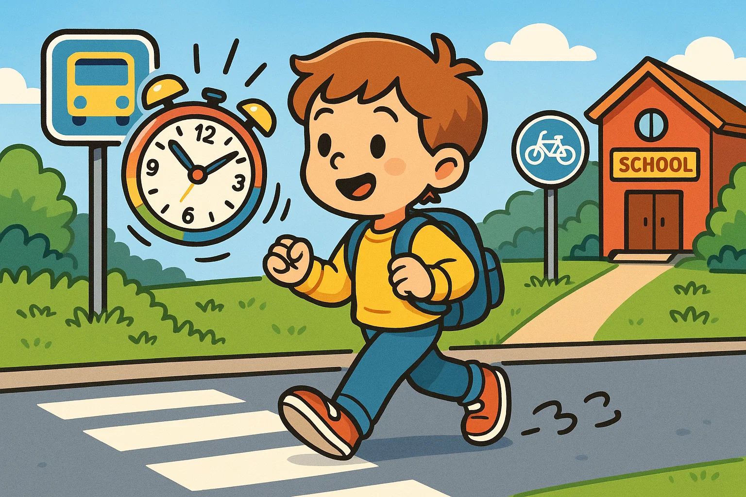 School travel time management shown with a child heading to school on time.
