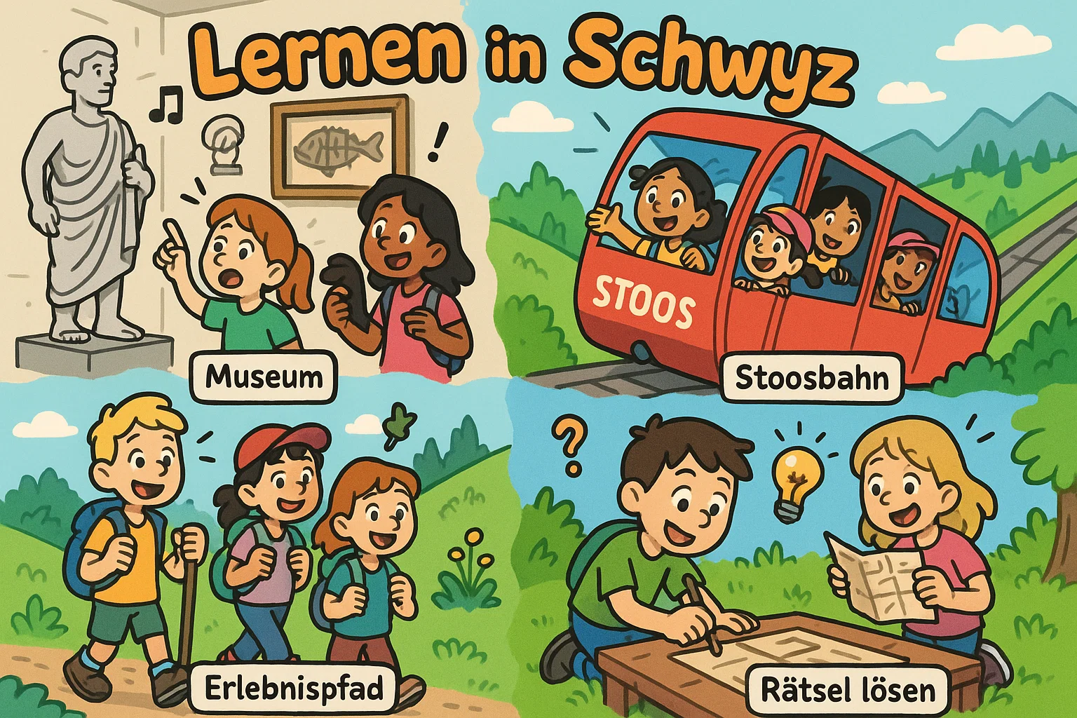 Cartoon family enjoying Schwyz family learning highlights with fun educational scenes.