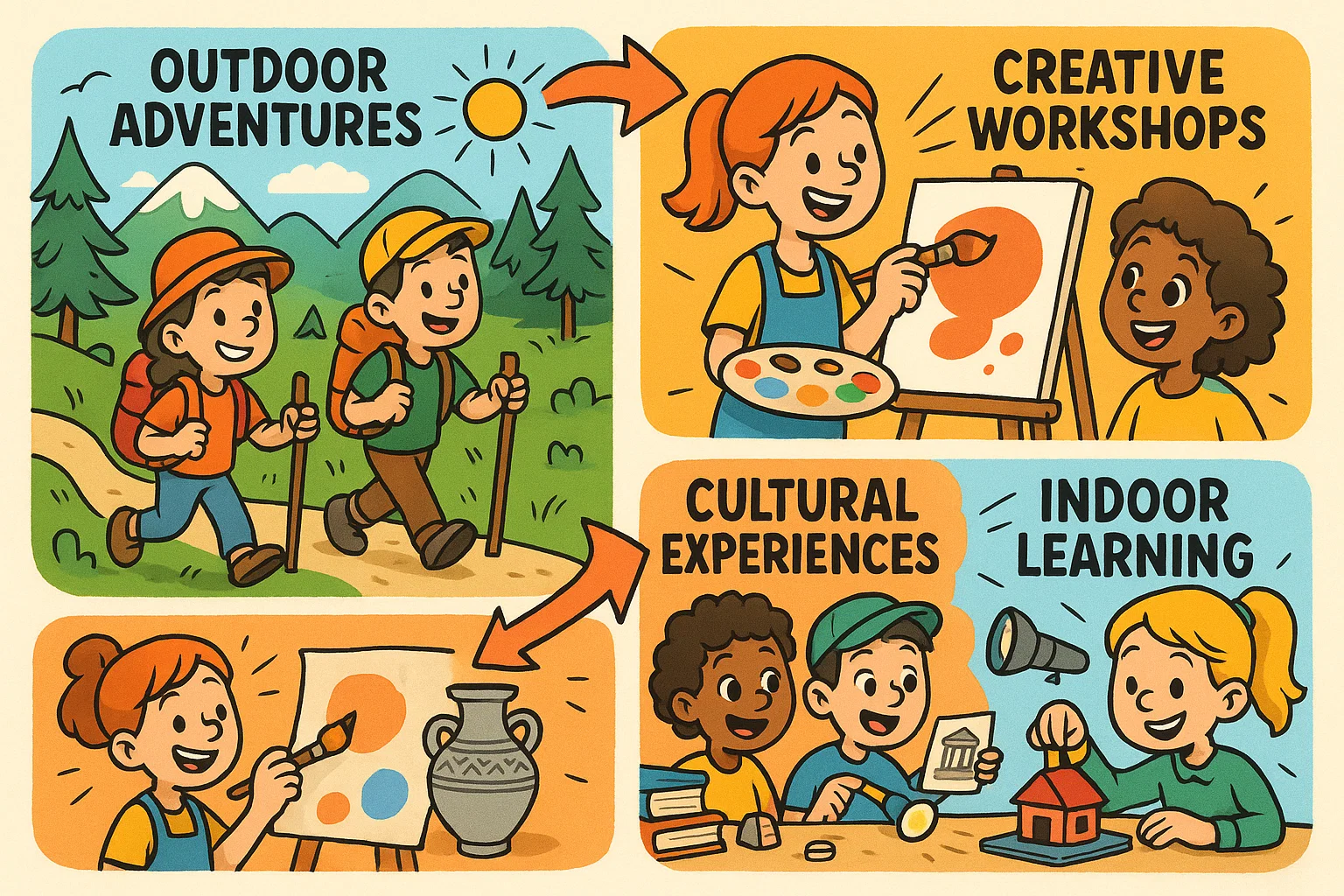 Cartoon showing Schwyz kids activity categories with playful educational scenes.