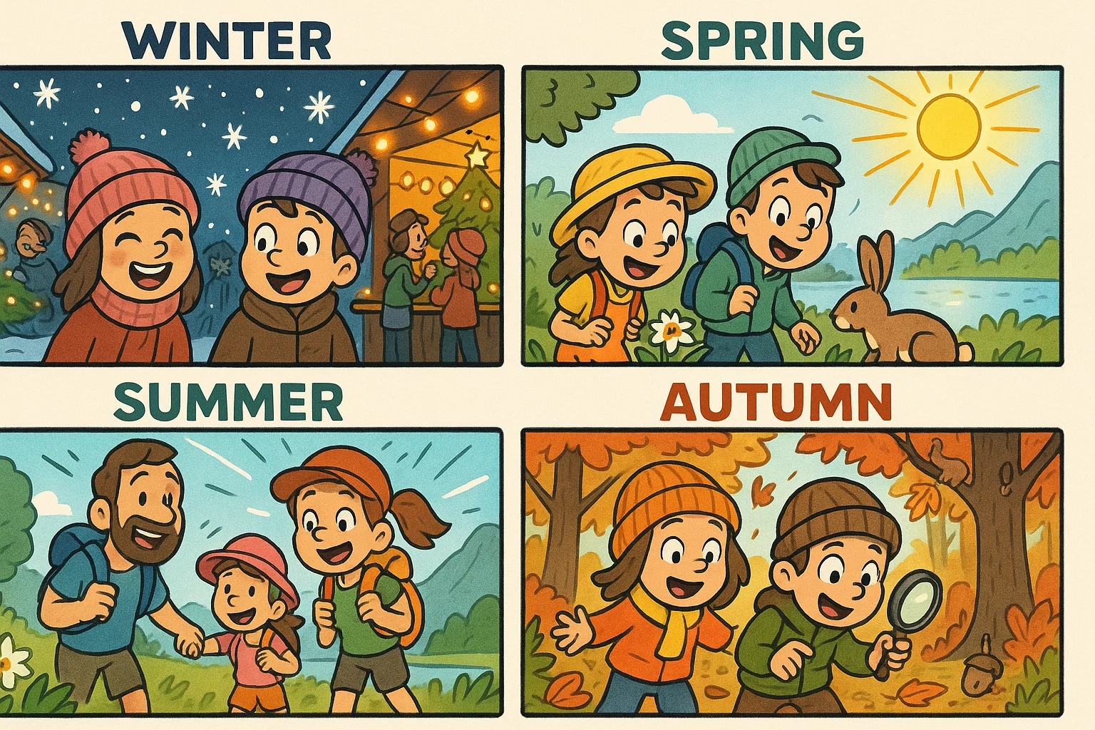 Cartoon of Schwyz seasonal kids activities in winter spring summer and autumn.