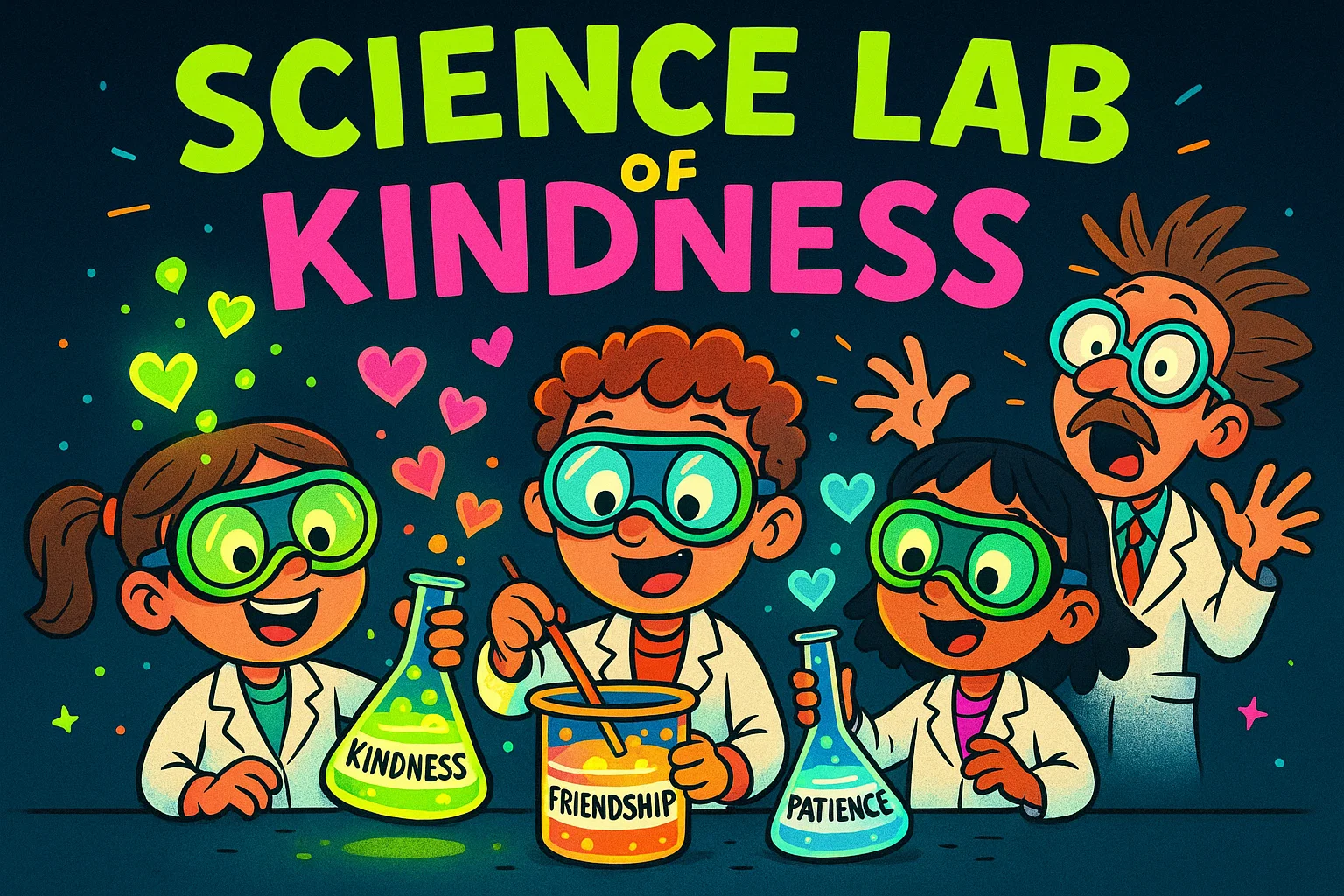 Science and media activities about kindness shown with playful cartoon experiments.
