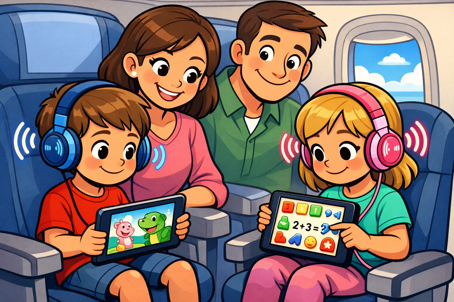 Screen based airplane activities for kids using tablets calmly on a plane.
