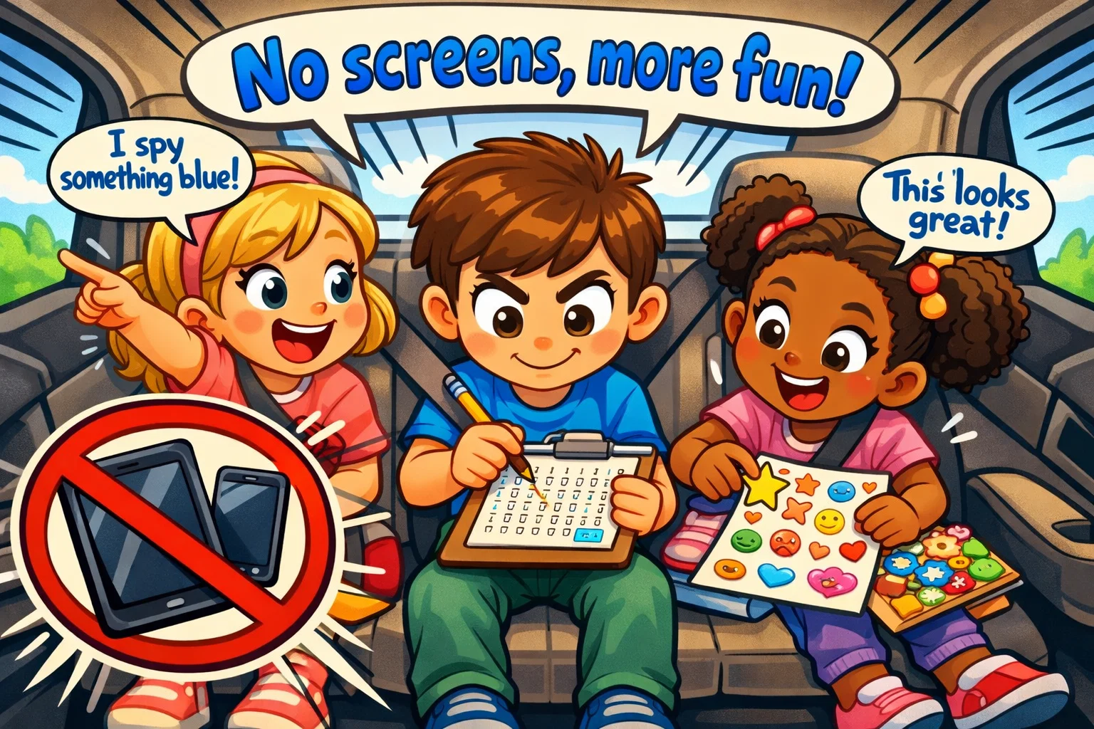 Screen free car activities for kids playing games and drawing in the car.
