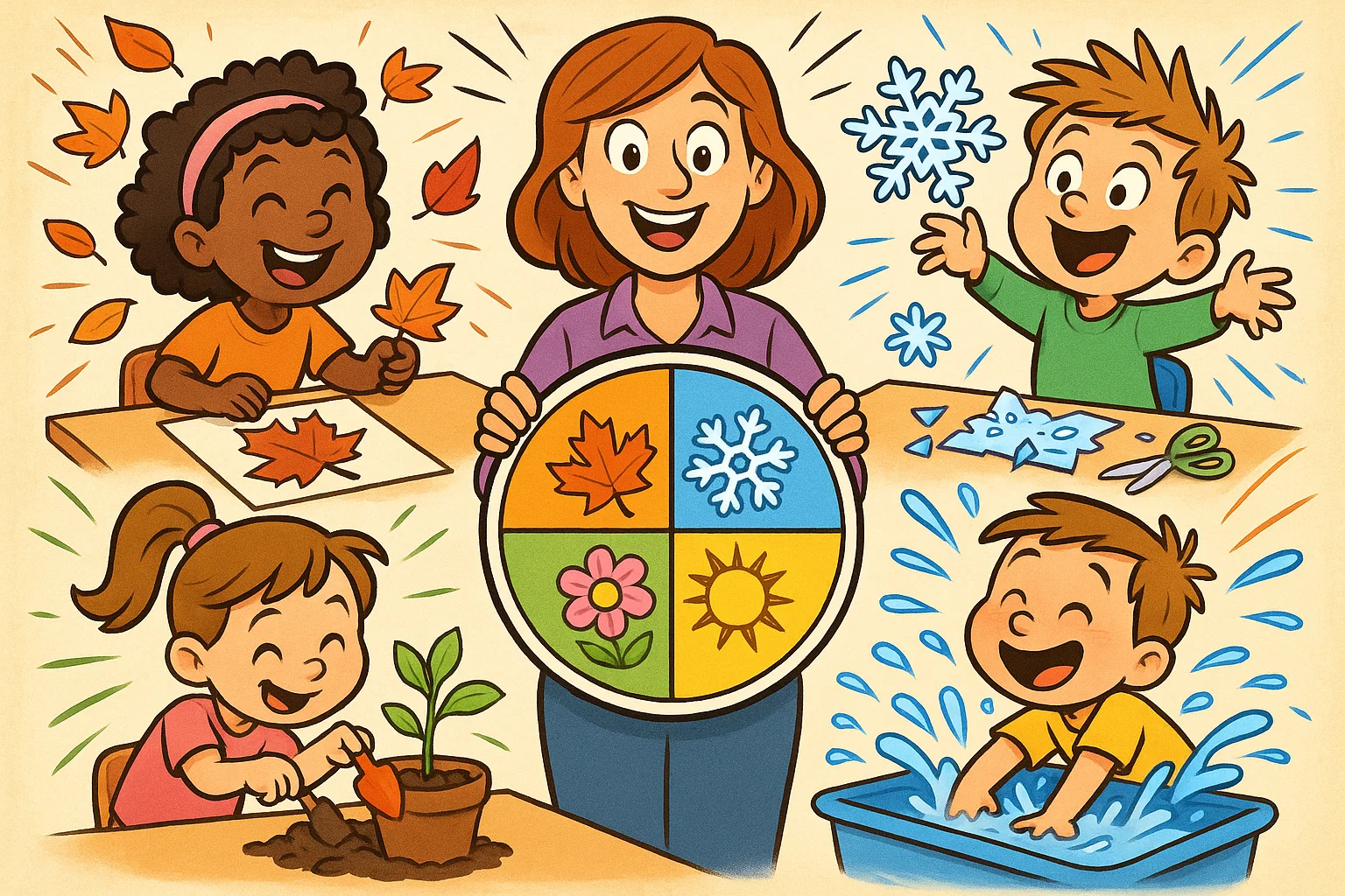 Seasonal thematic activities kindergarteners enjoying creative projects for each season.