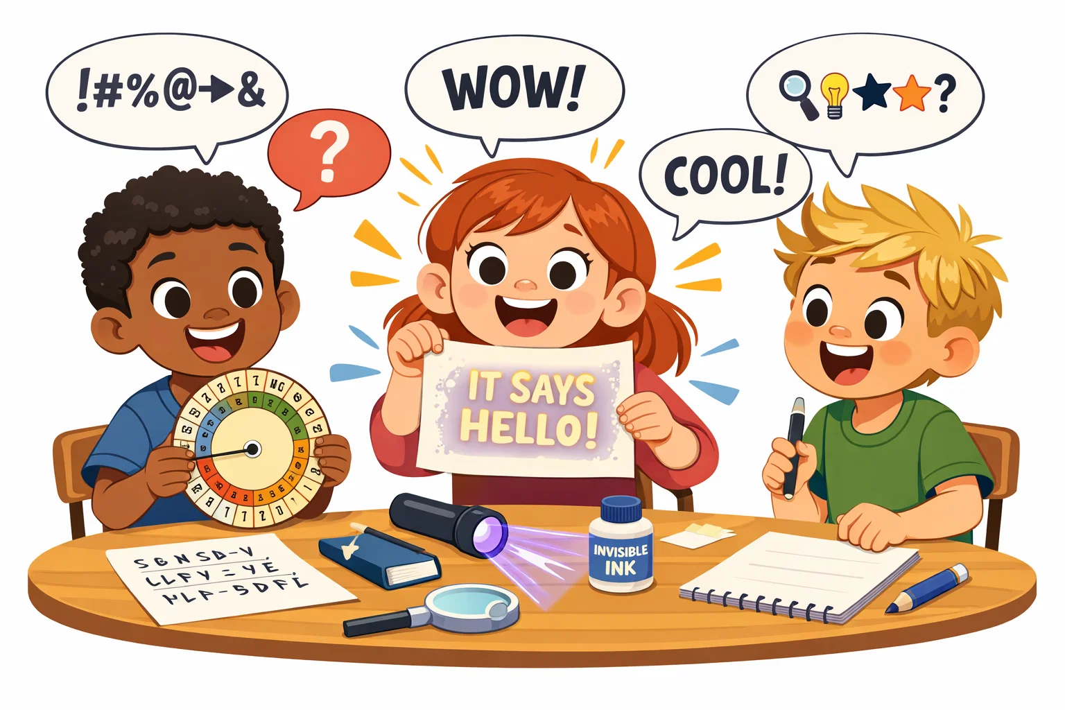 Secret code message activities for kids with ciphers and hidden writing.
