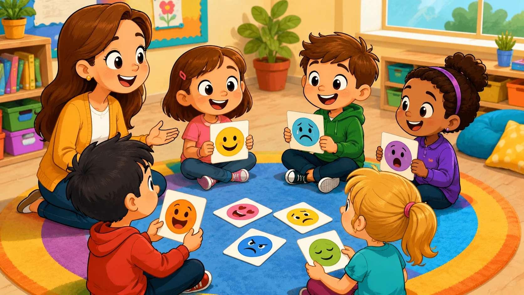 SEL friendship activities for kids using emotion cards in classroom circle time.