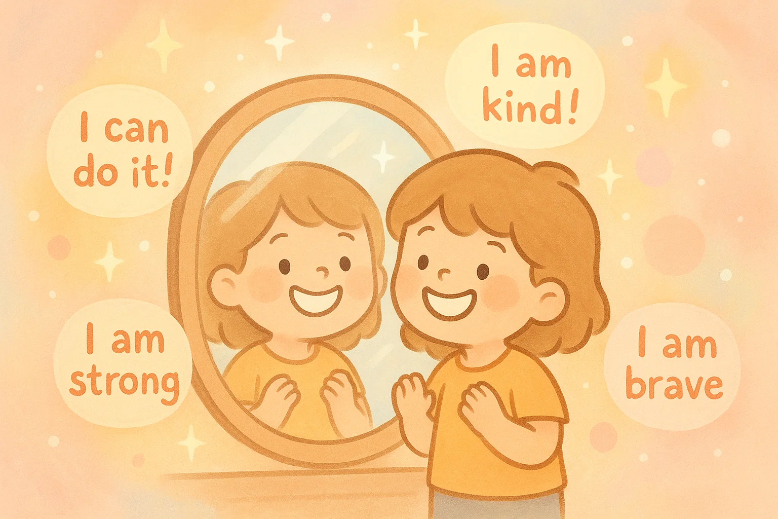 Self kindness and personal growth for kids shown through affirmations and smiles.
