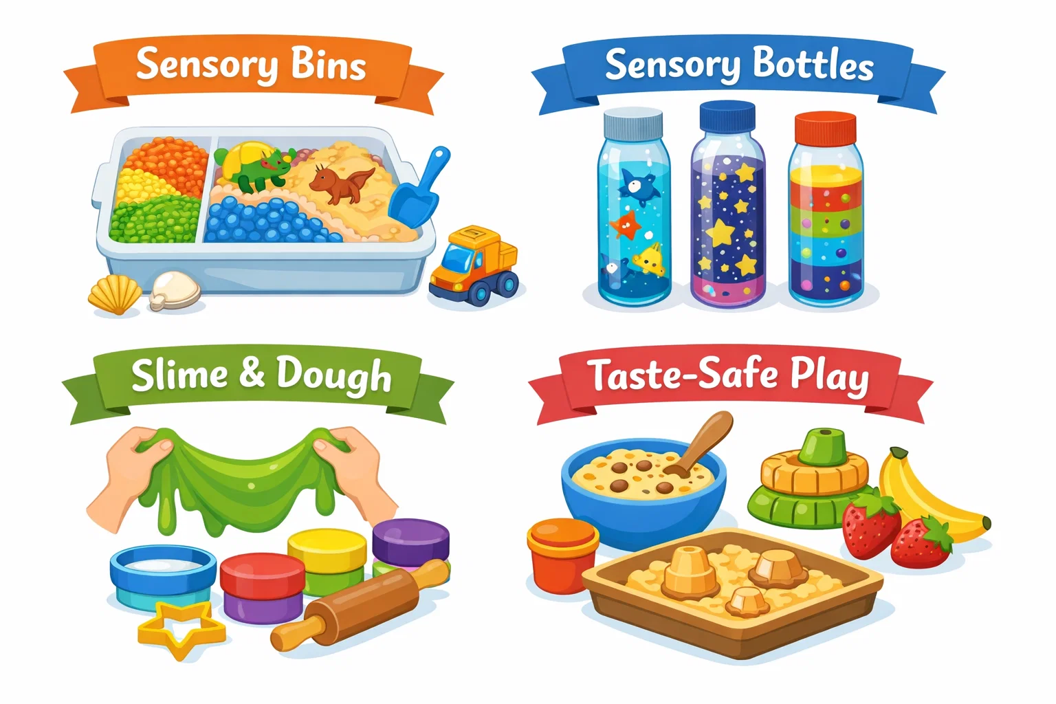 Sensory activities by type such as sensory bins, bottles, and texture play.
