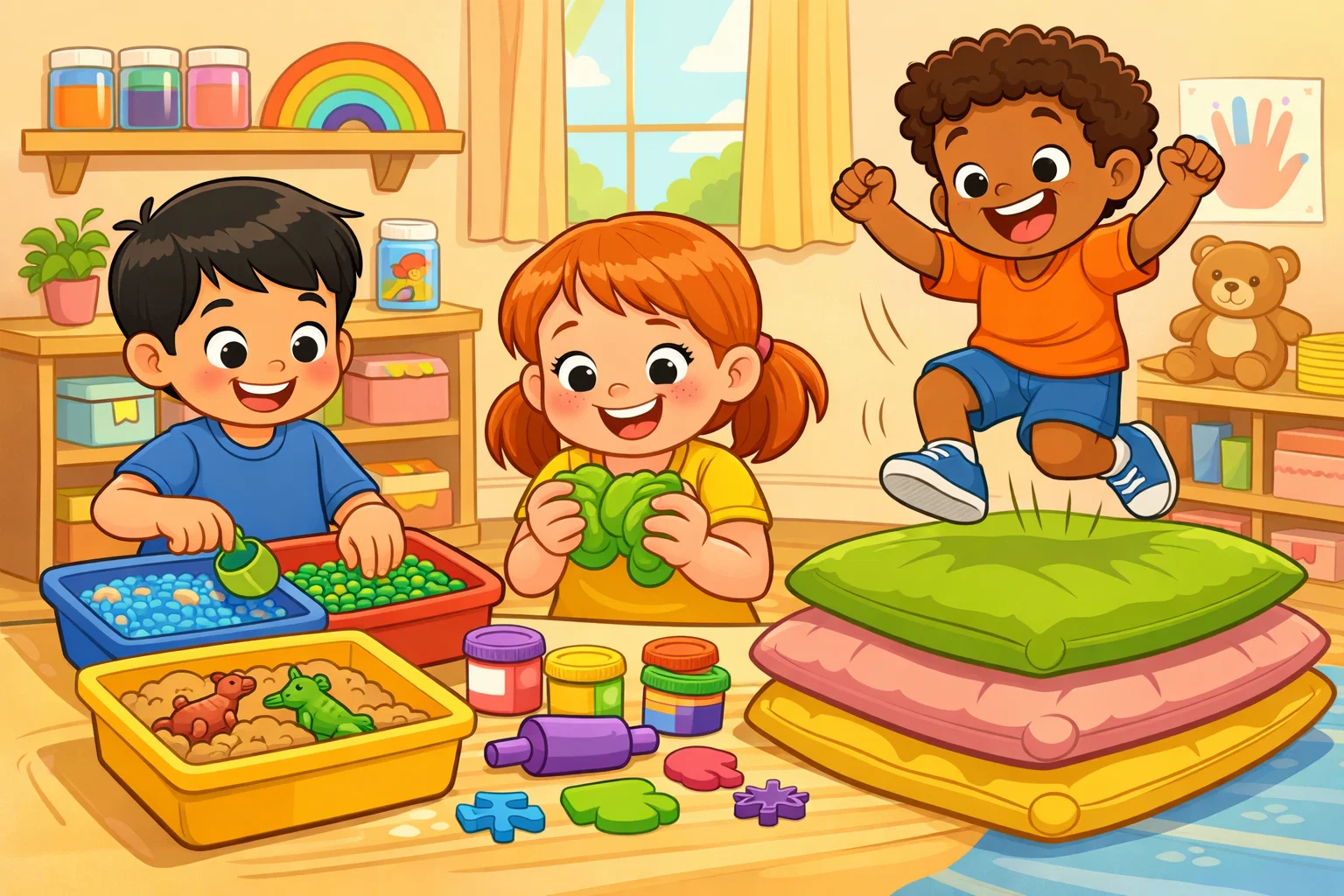 Sensory activities for kids involving hands-on play, movement, and textures.