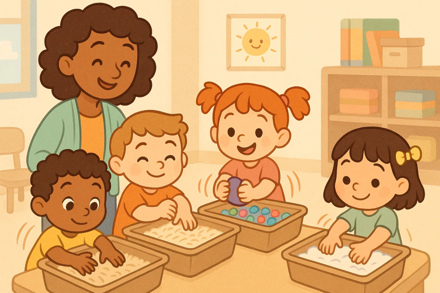 Cartoon of preschoolers enjoying sensory activities with bins textures and play materials.