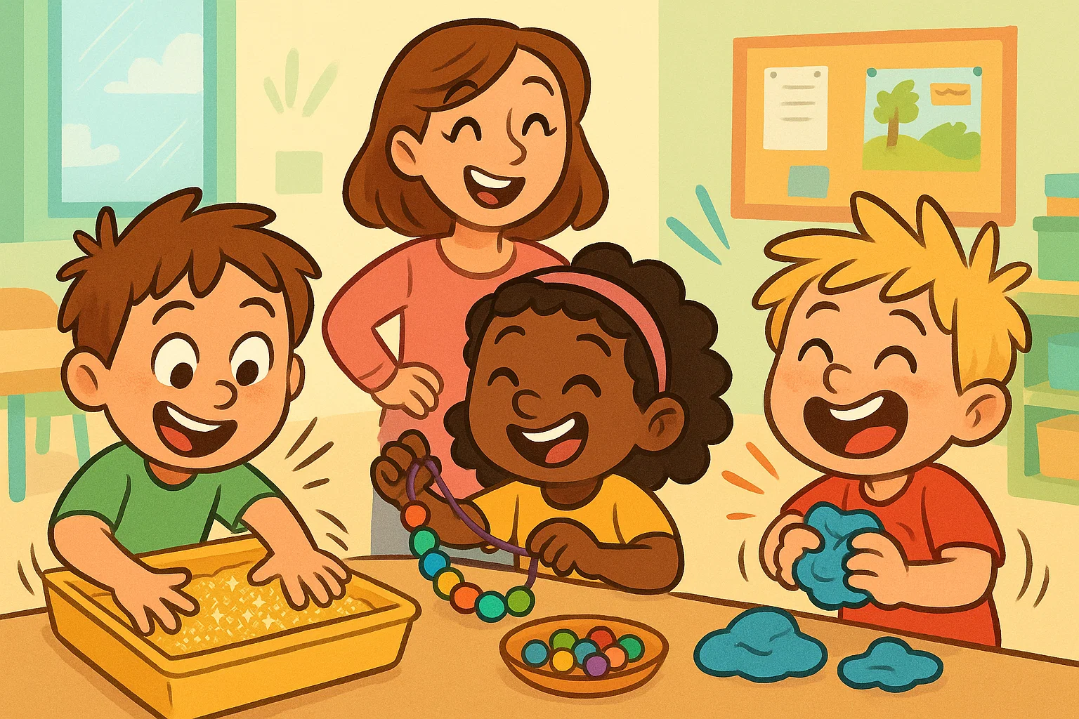 Sensory fine motor activities kindergarteners using playdough, beads and sand trays.