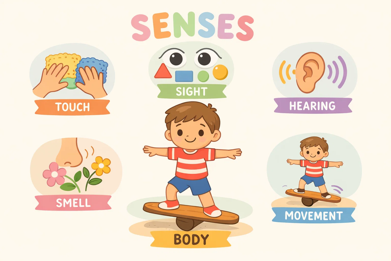 Sensory play definition shown through activities engaging touch, sight, and movement.
