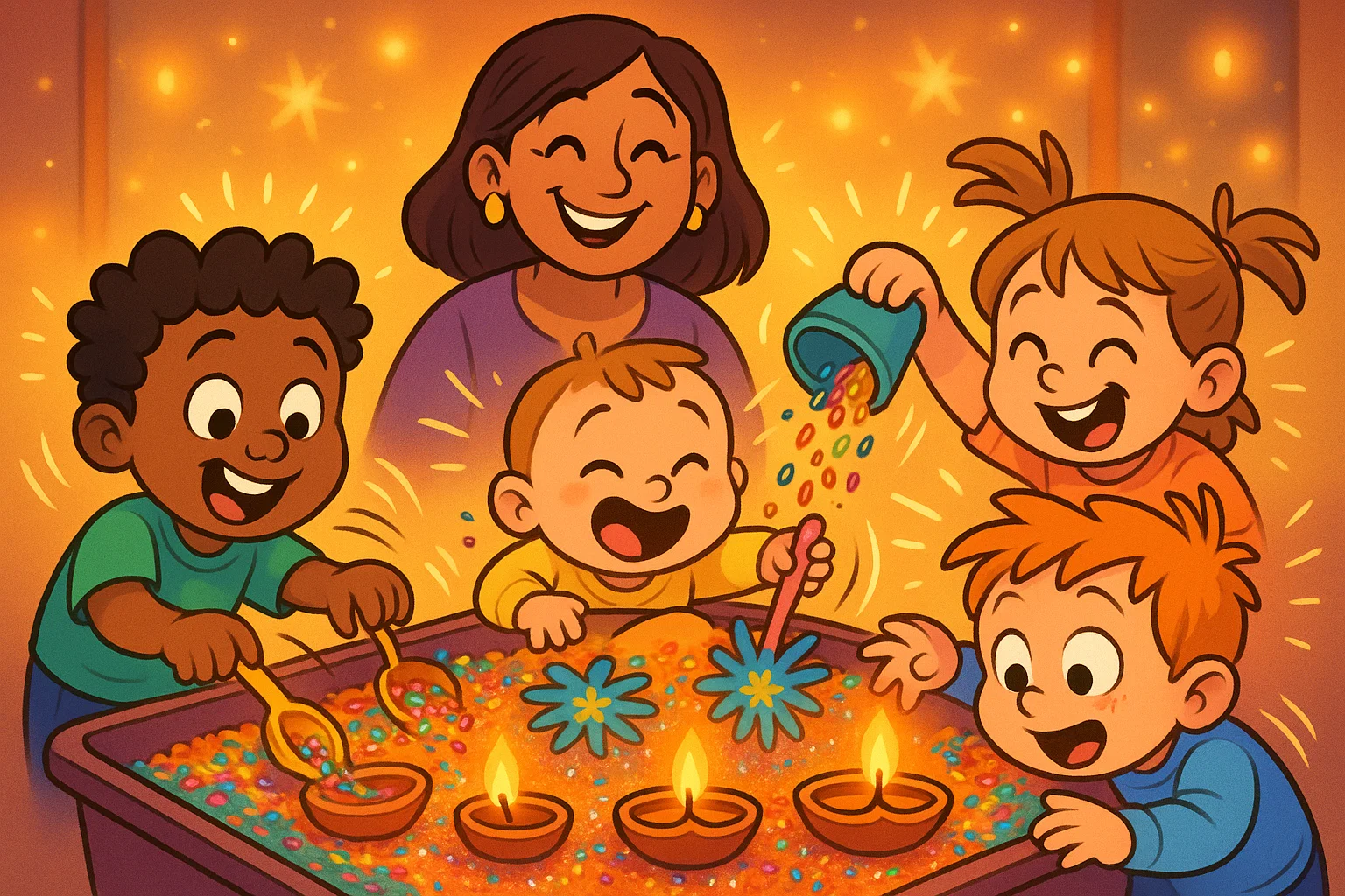 Children enjoy sensory play diwali activities for kids with bright textures and playful festive elements.
