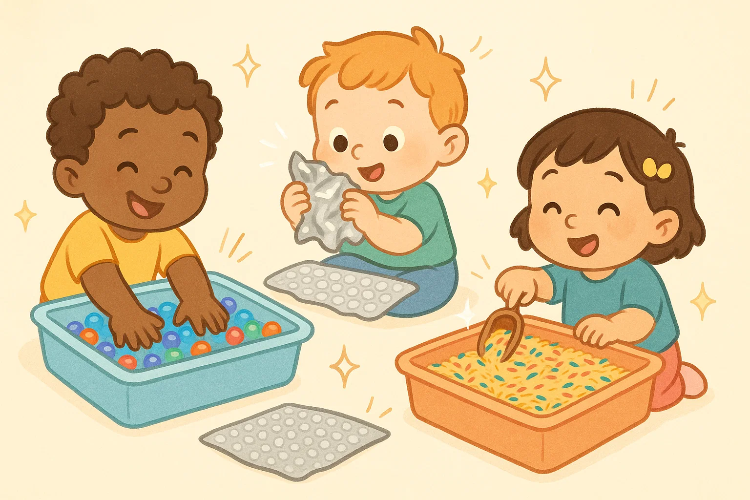  Sensory play ideas for toddlers with colorful bins, textures and hands-on cartoon activities.

