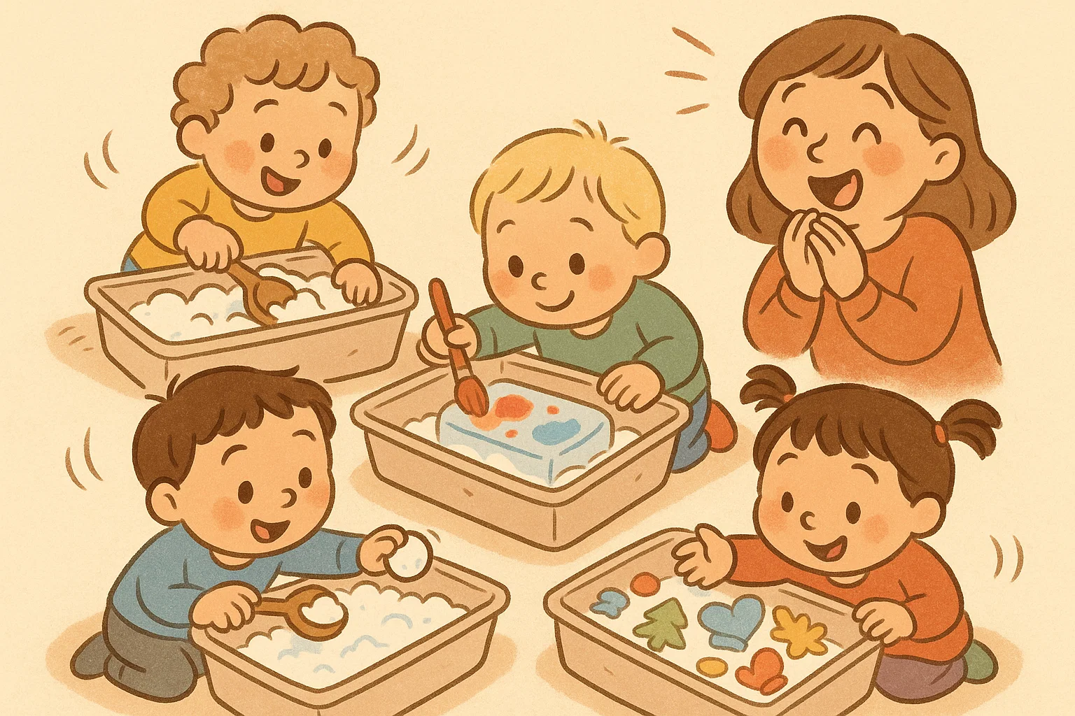 Cartoon of sensory winter activities for kids with indoor snow play.