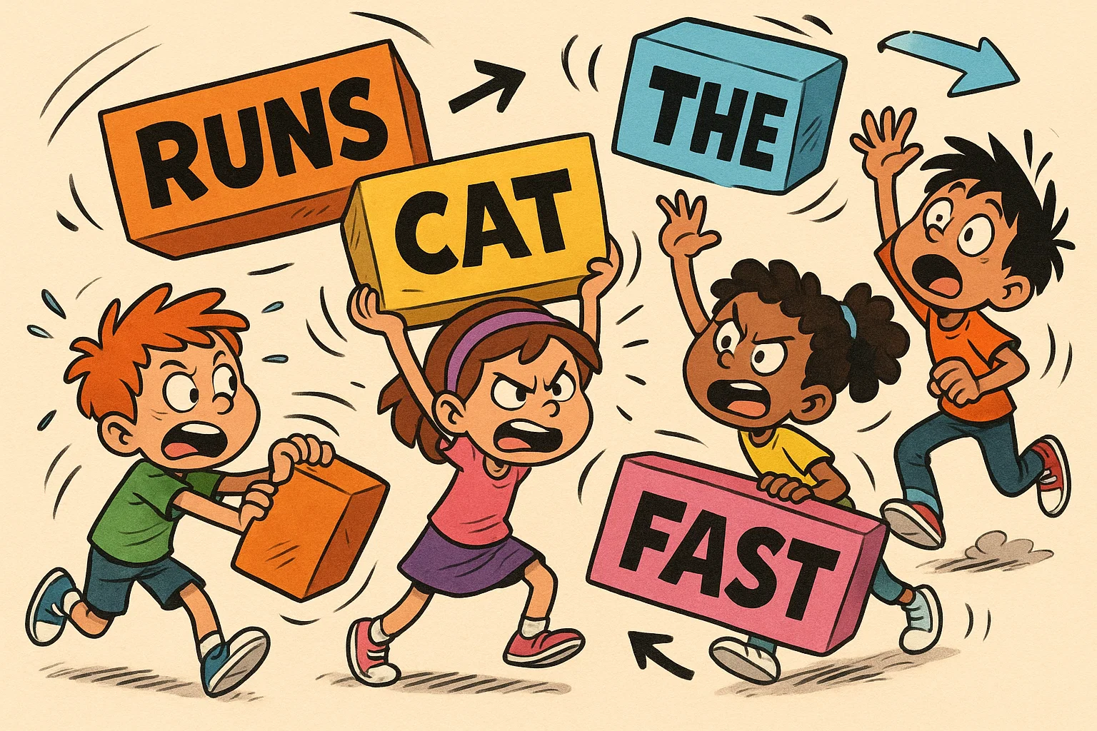 Students solving sentence scrambles language skills puzzle with floating word blocks.
