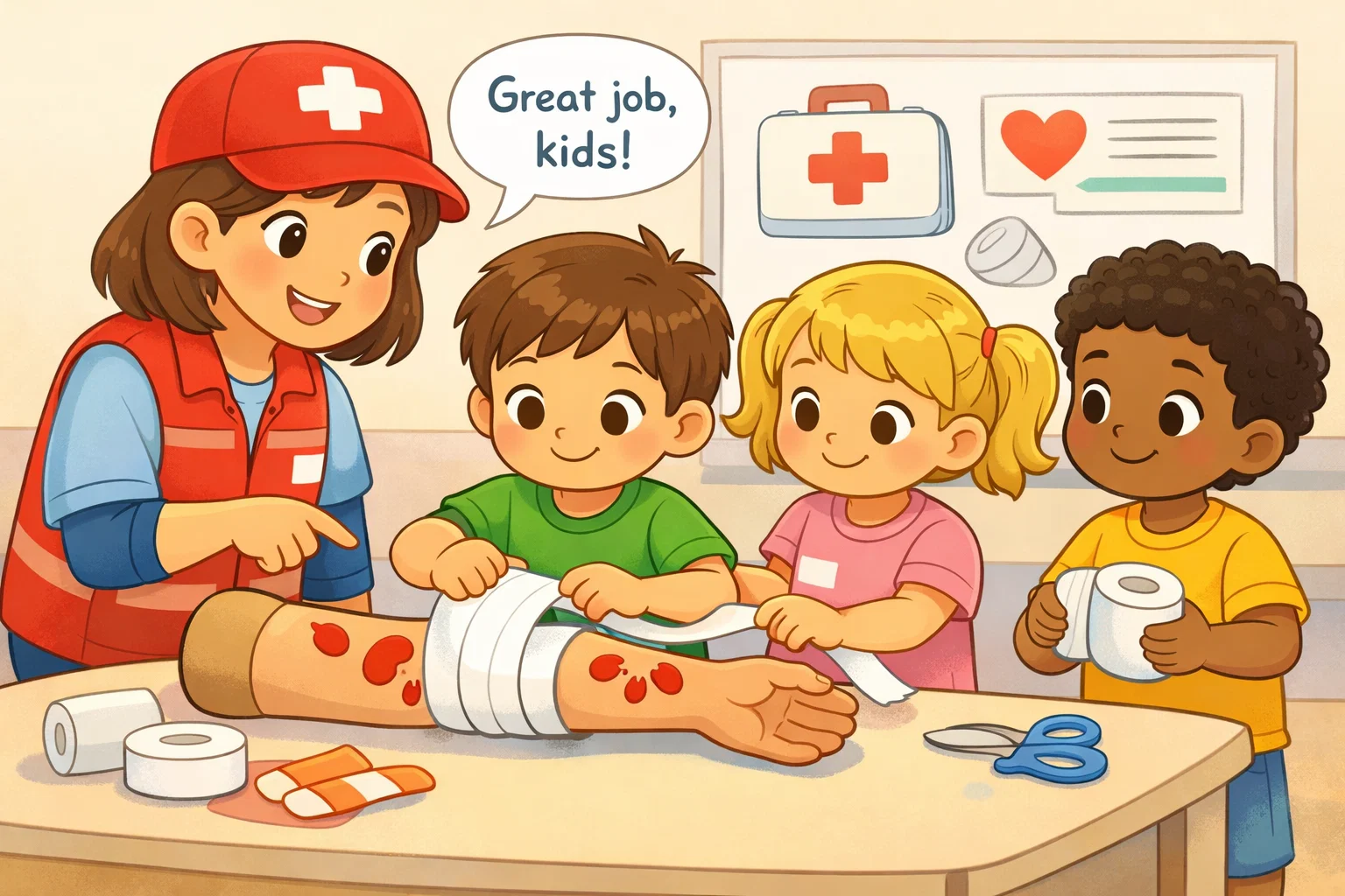 Severe bleeding activities for kids practicing basic first aid response safely.