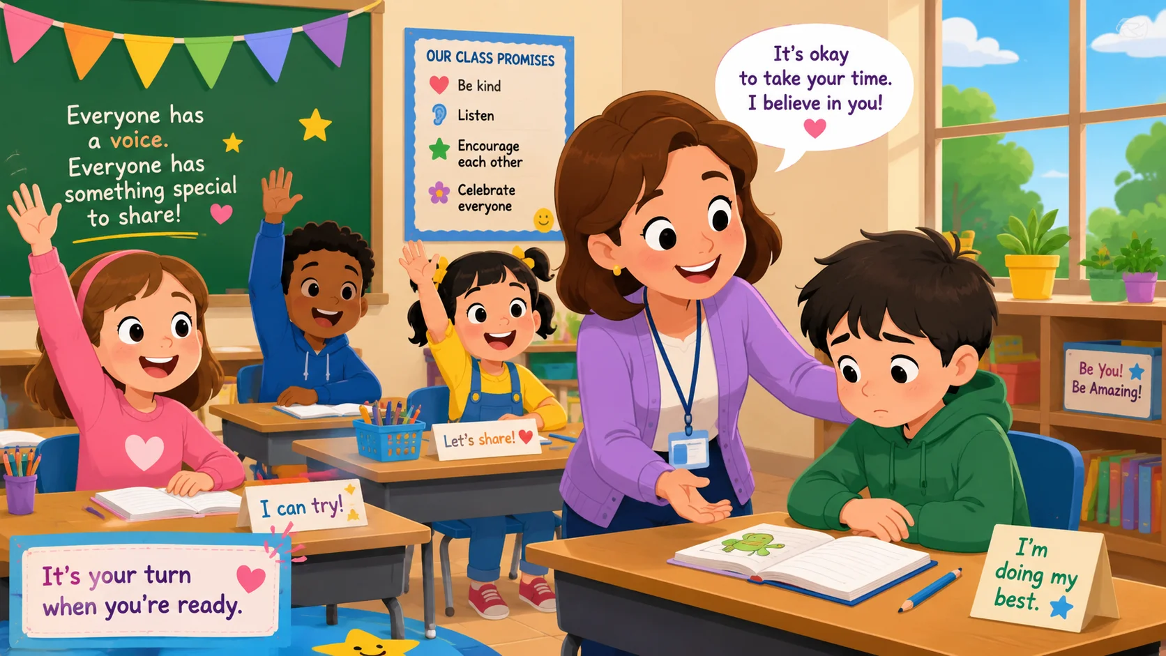 Shy student receives classroom confidence support from a caring teacher. 

