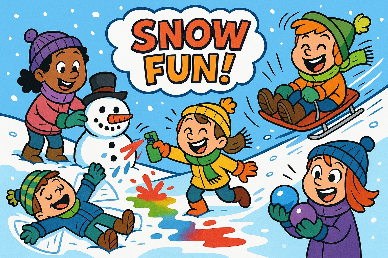 Playful cartoon of snow activities for kids with creative outdoor winter fun.