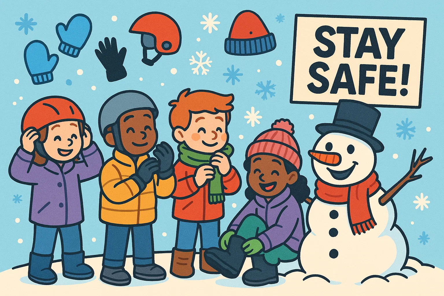 Cartoon showing snow activities safety tips with kids wearing winter gear.