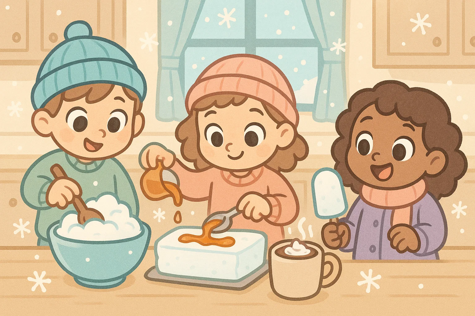 Cartoon of snow food treat activities with kids making winter snacks.
