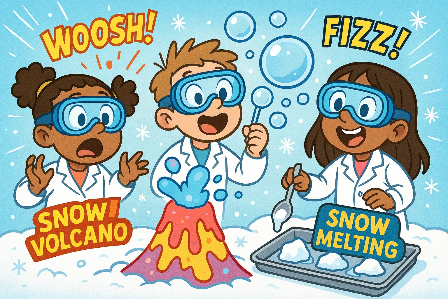 Cartoon of snow science experiments with kids exploring winter science play.