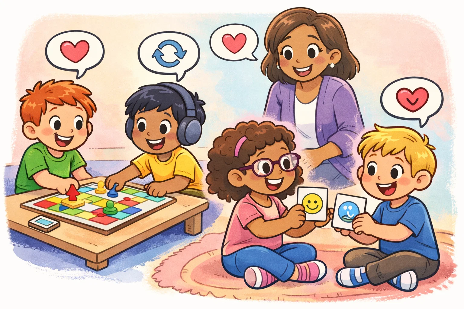 Social skills activities for autistic kids practicing interaction through games and visuals.
