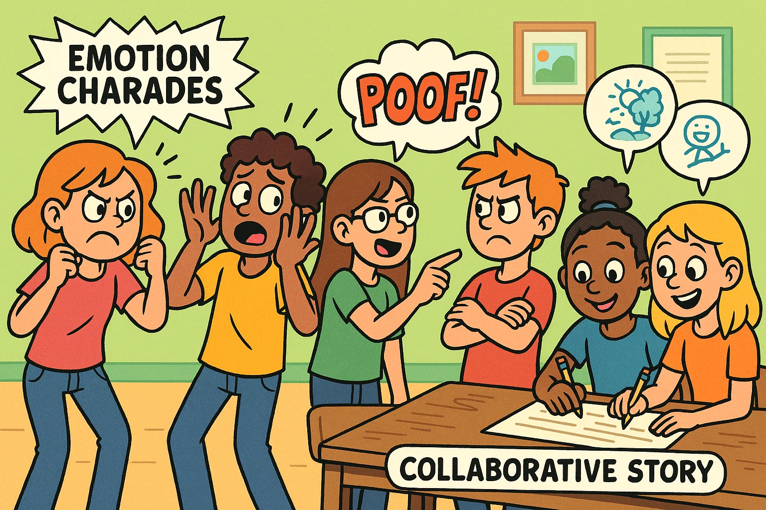 Teens in cartoon scene doing social skills activities like charades and group tasks.