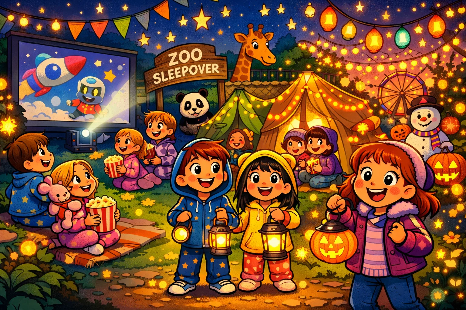 Special evening events for kids enjoying movie night and festive activities.