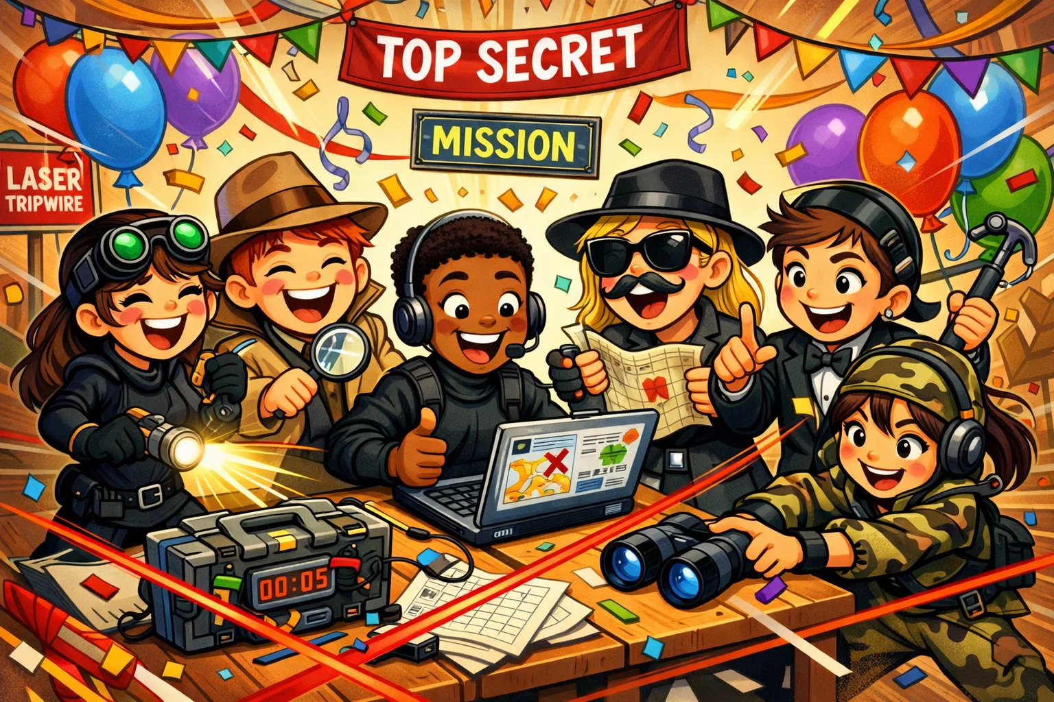 Spy party games group activities for kids enjoying teamwork and missions.