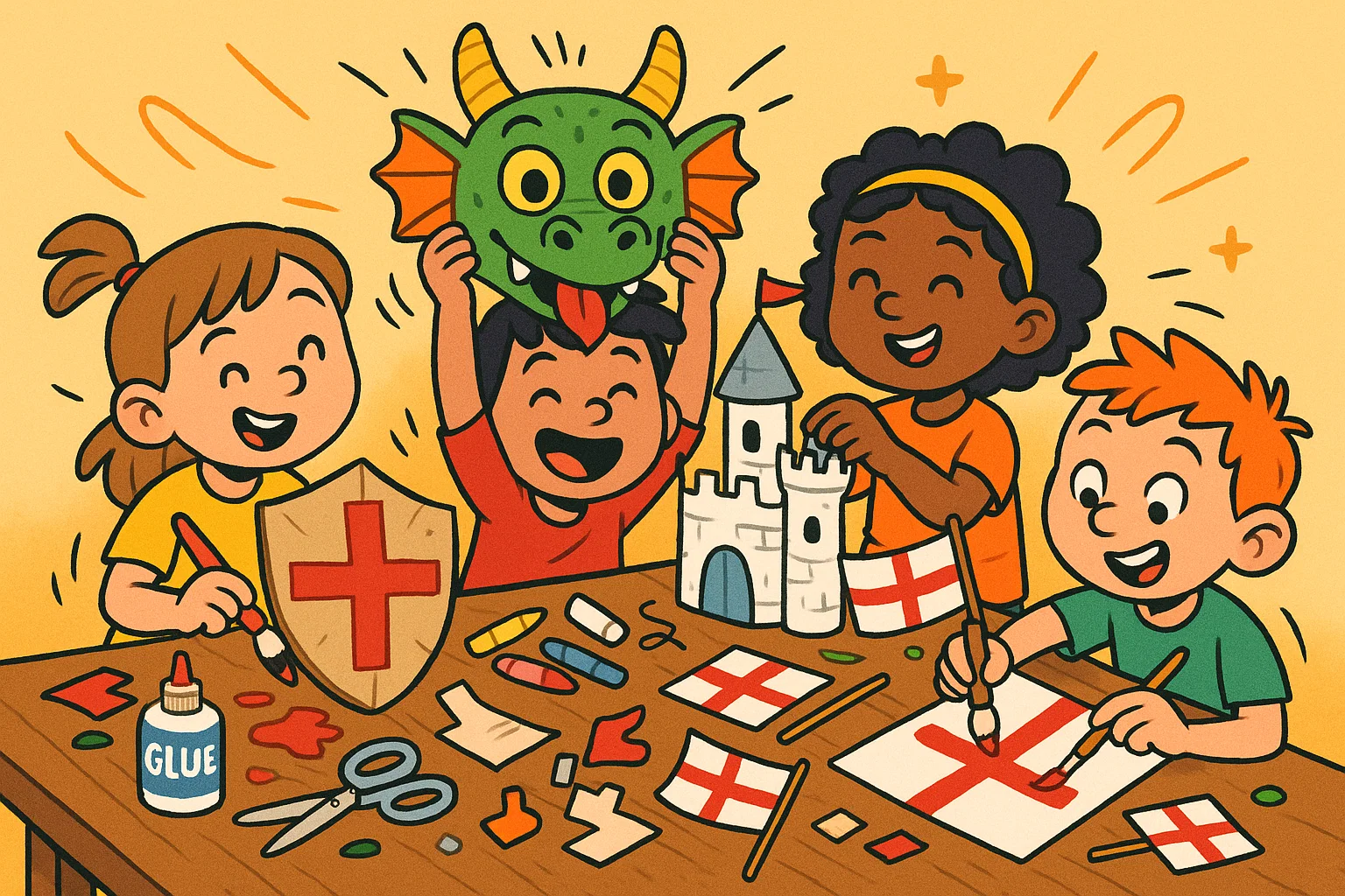 St Georges Day craft activities with dragons shields and flag crafts.
