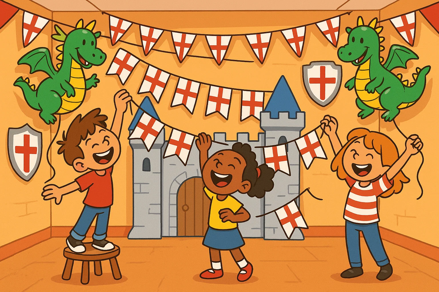 St Georges Day party decorations with flags dragons and castle decor.
