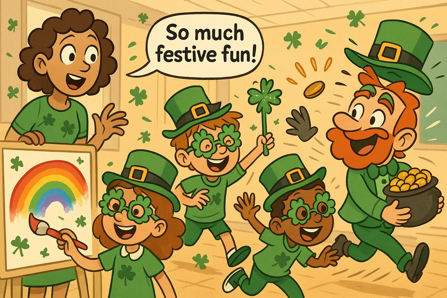 Kids doing fun St Patricks Day activities in a colorful cartoon classroom scene.