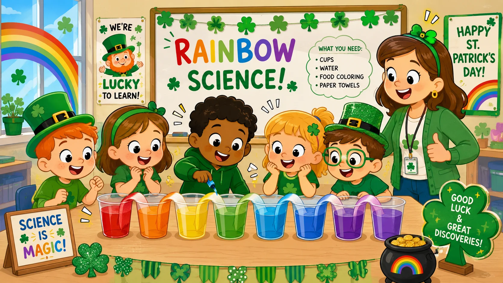 St Patrick’s Day rainbow science activity for kids in classroom.