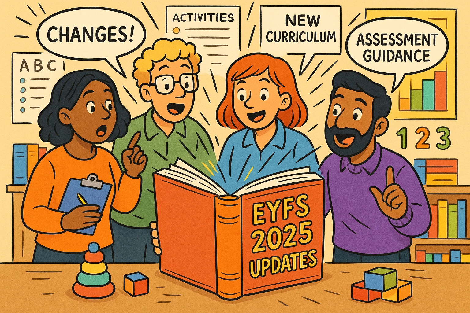 Statutory framework for early years foundation stage with educators discussing EYFS updates.