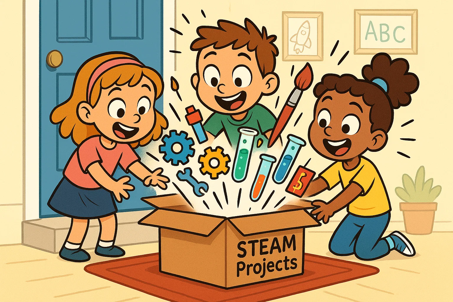 Steam projects delivered to your door shown as kids opening a fun cartoon learning box.