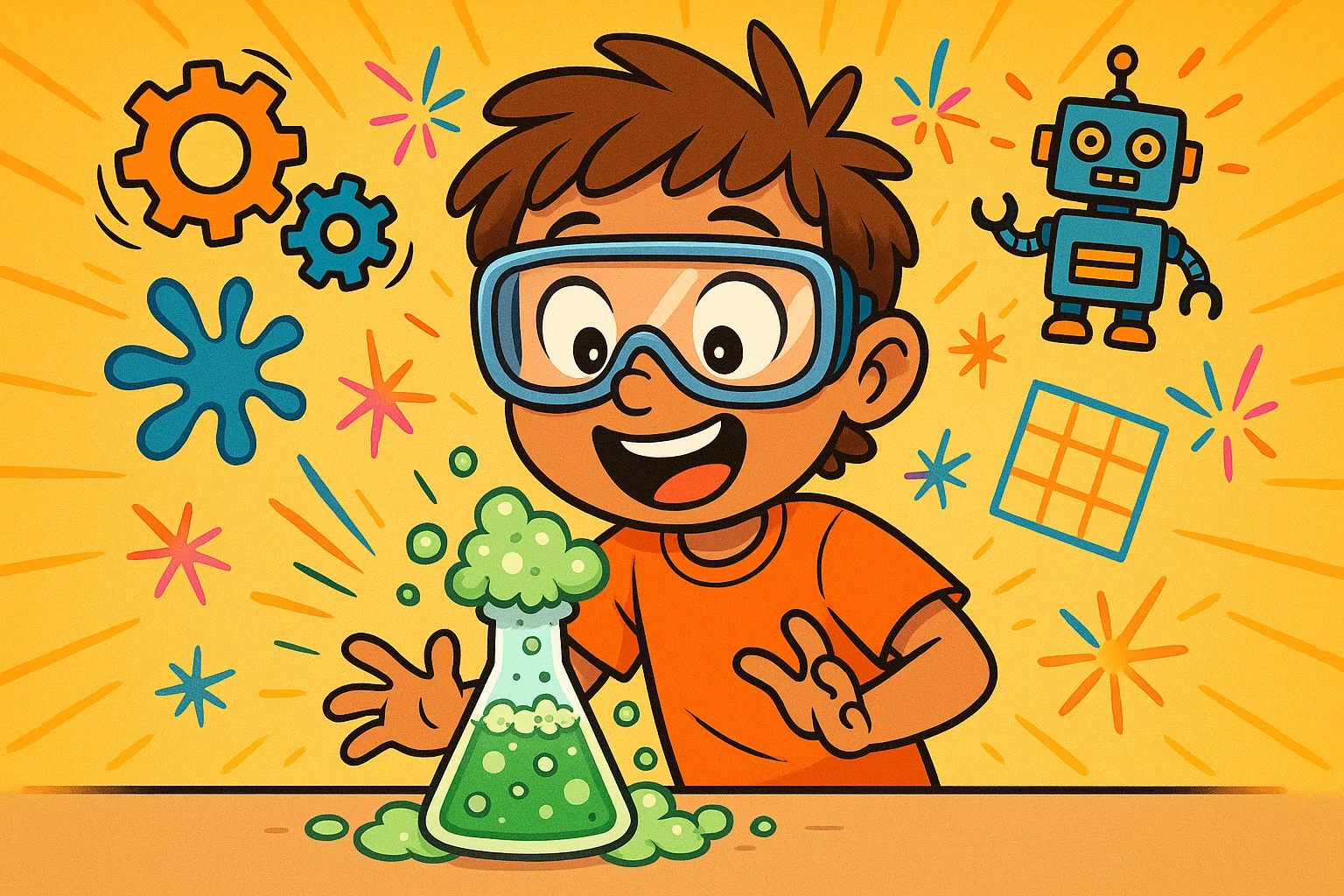 Steam projects for 9 year olds cartoon with child doing a fun science activity.