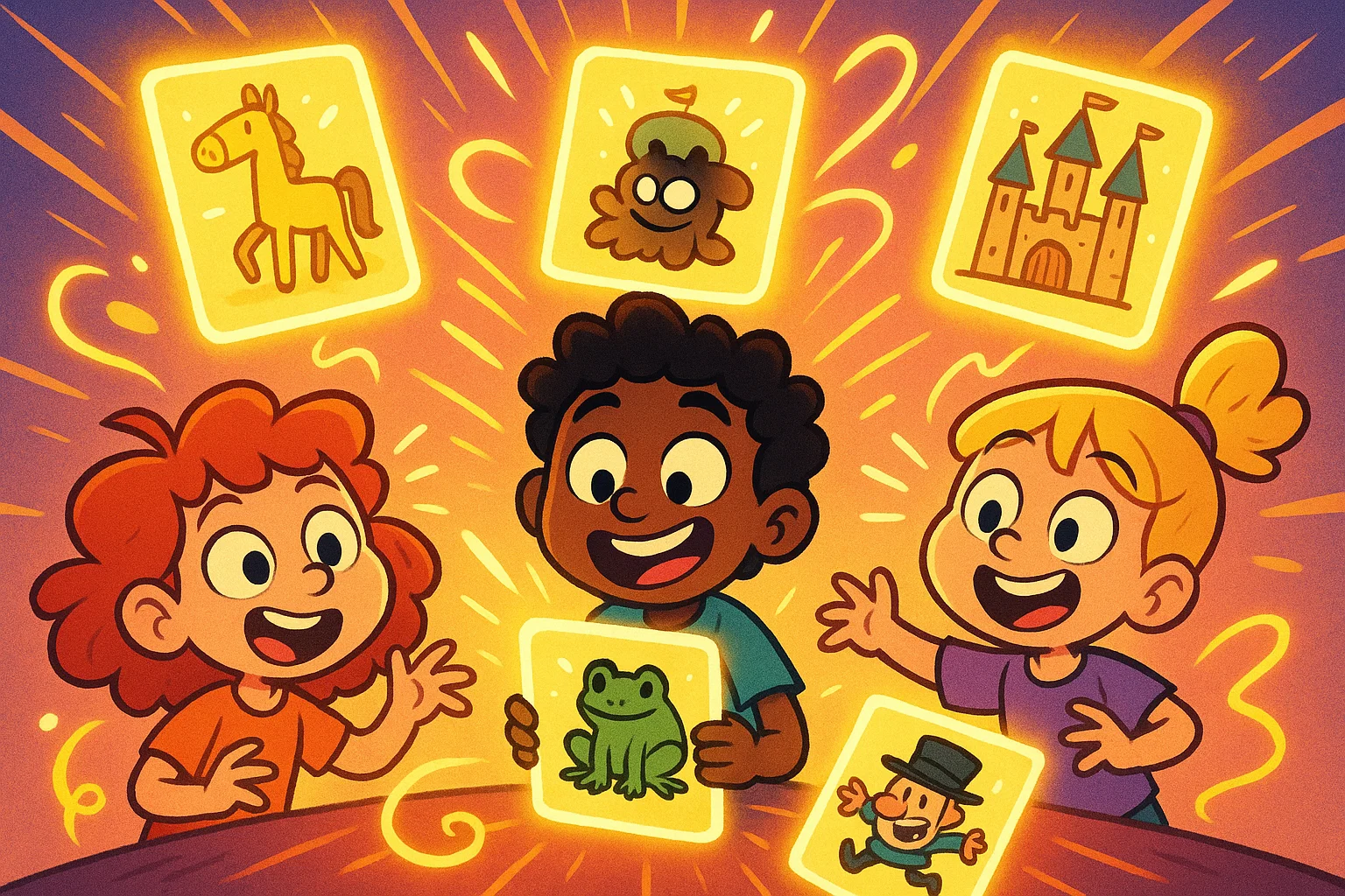 Story cards activity for kids with children creating stories from colorful cards.