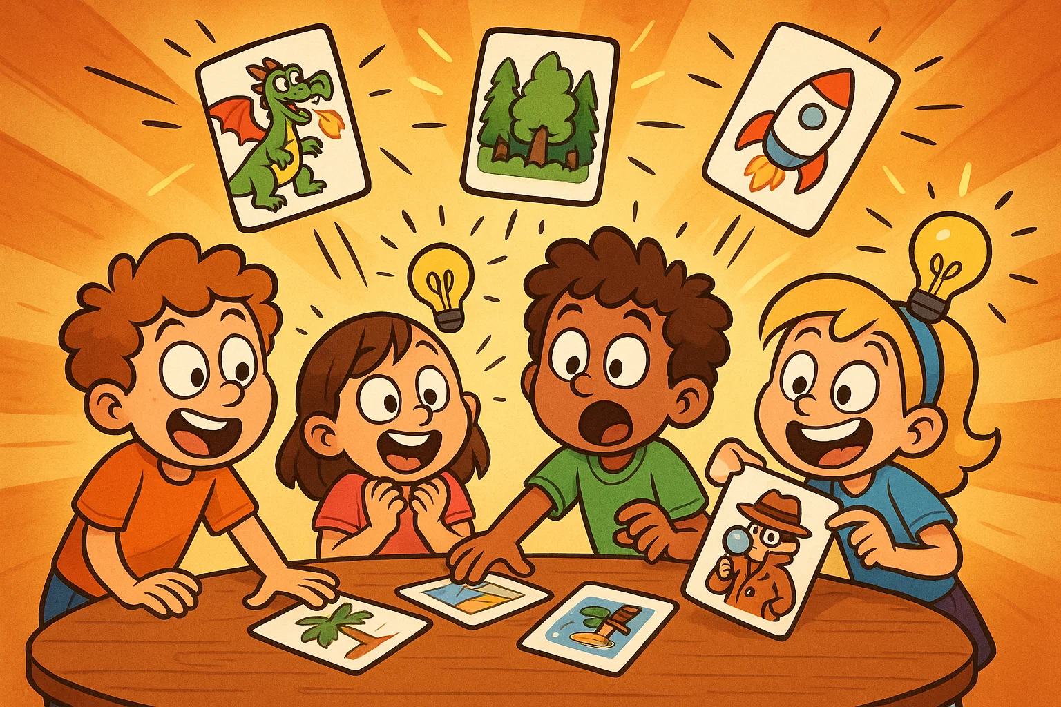  Children exploring story cards creative sparks with fun illustrated prompts.
