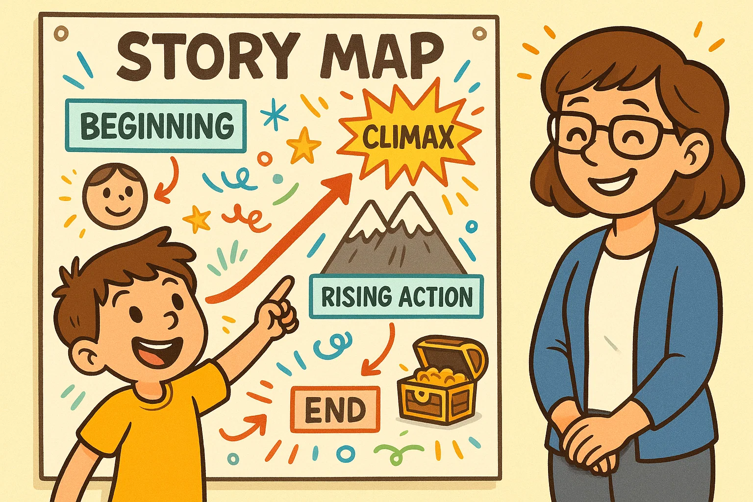 Child creating story maps narrative structure with colorful plot diagrams.
