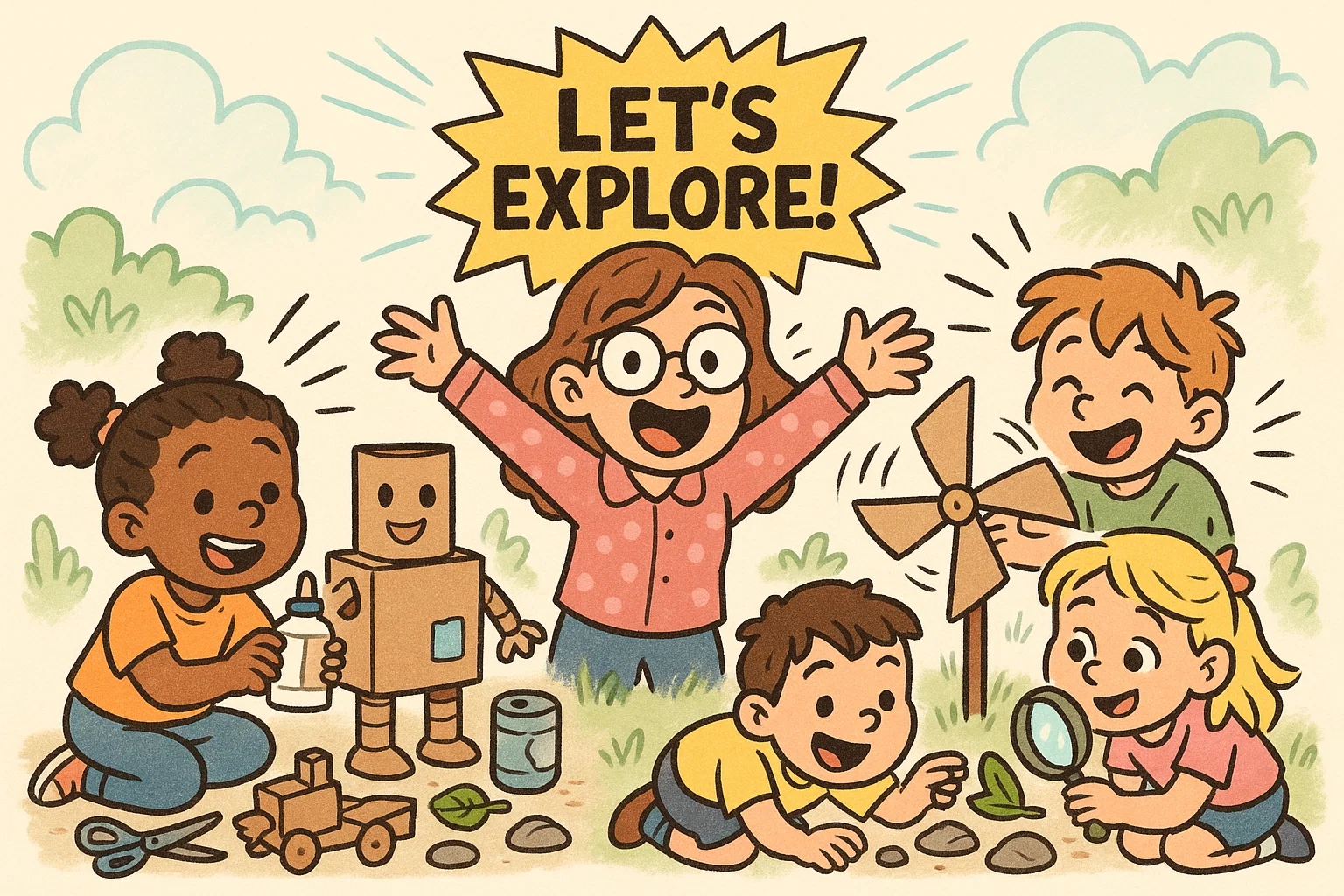 Sustainable learning activities early age illustration with kids doing eco friendly projects.
