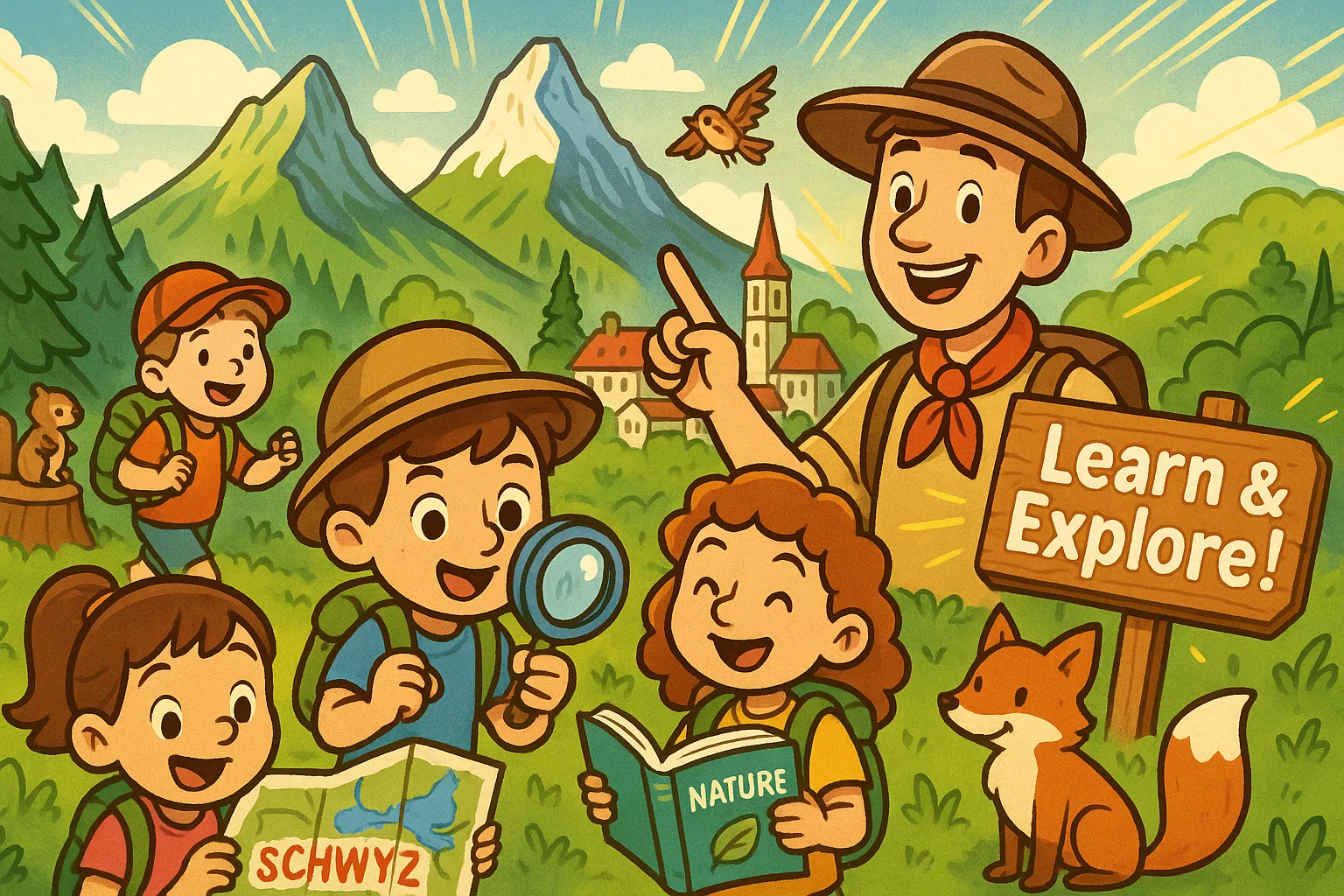 Cartoon kids exploring Schwyz with fun educational activities in Switzerland Schwyz educational activities kids.