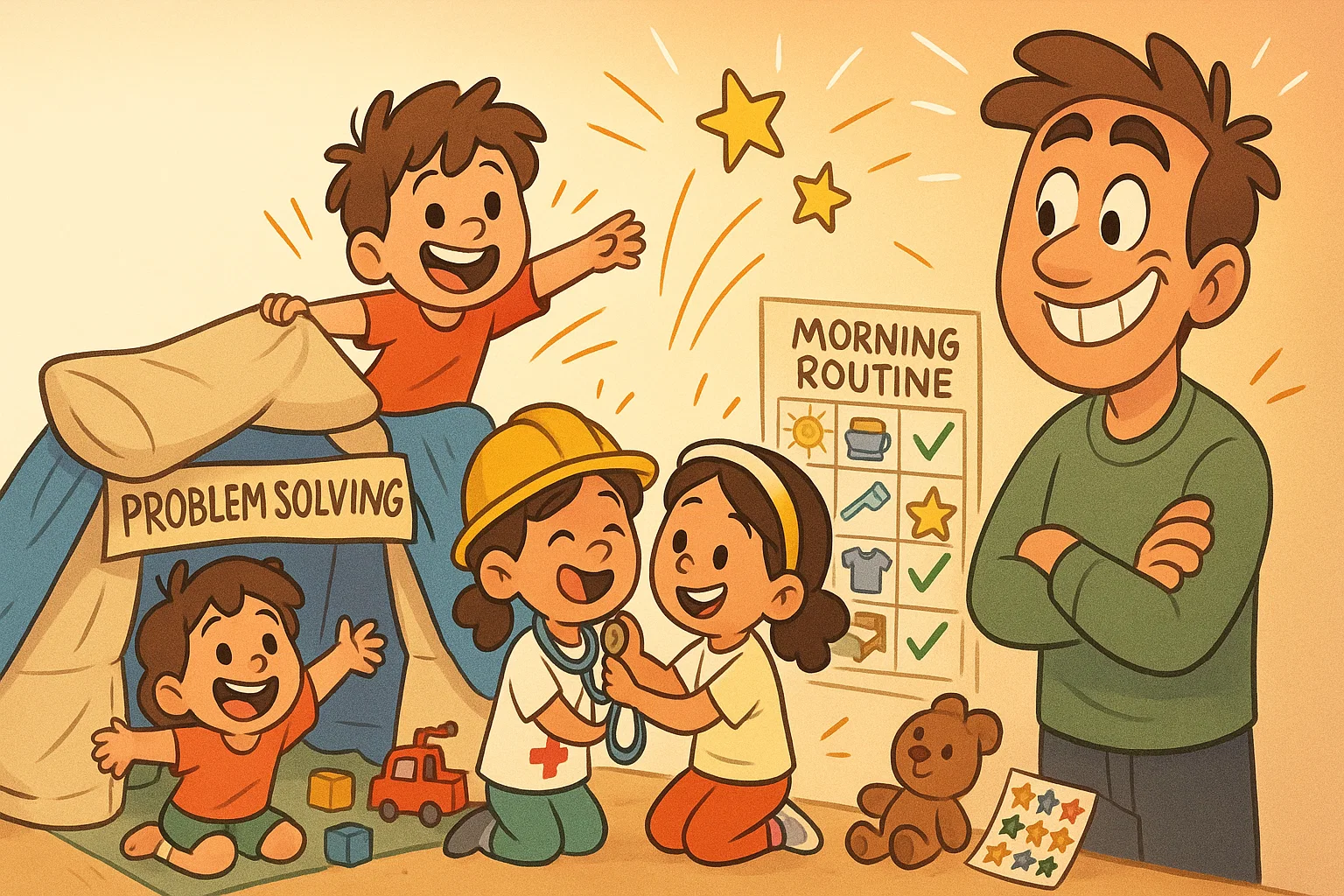 Kids learning life skills through play and daily routine in a cheerful cartoon scene.