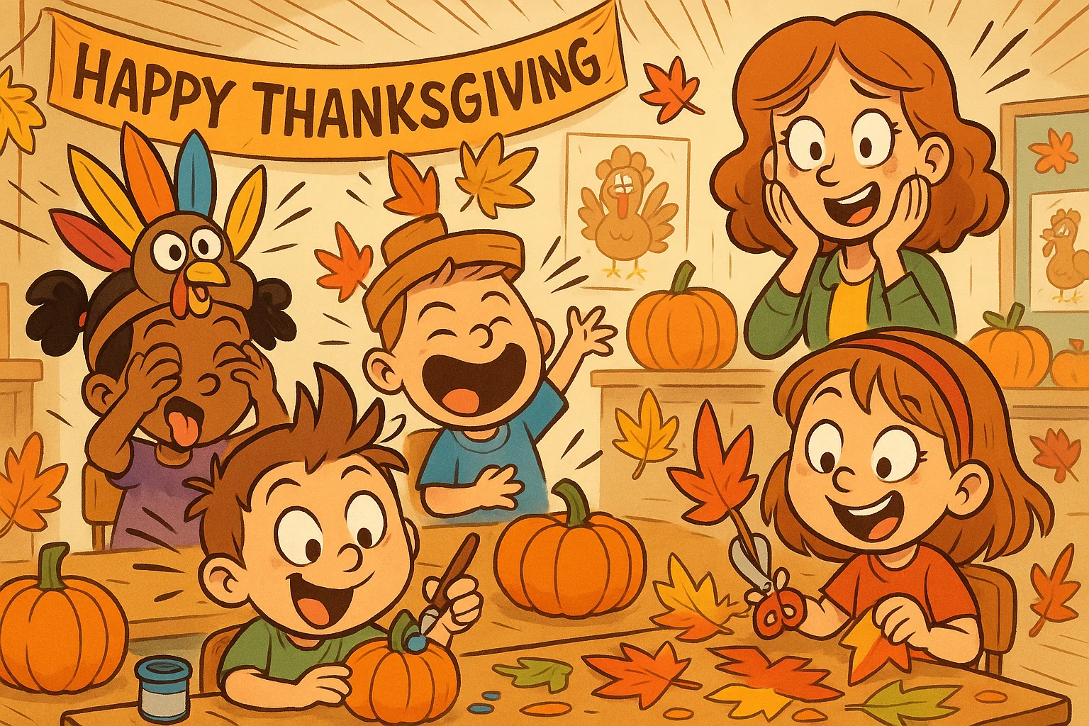 Thanksgiving activities for kids cartoon showing crafts, games and playful fall projects.