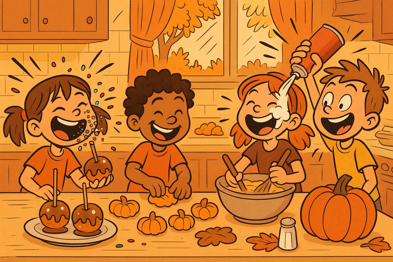 Thanksgiving food activities for kids cartoon featuring caramel apple decorating and treats.
